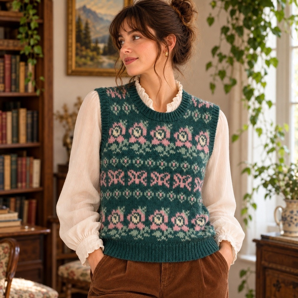 Vintage Powers & Goode Wool Sweater Vest Womens Large Green Floral Cottagecore